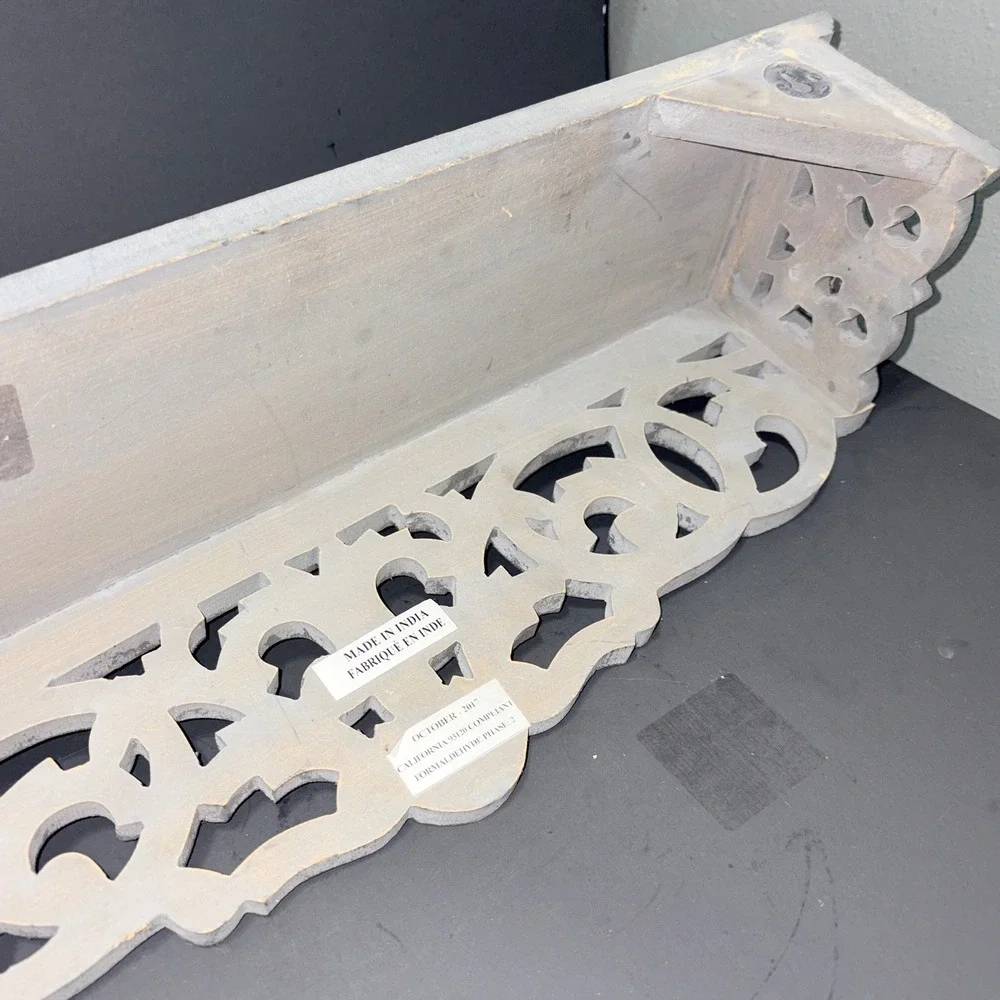 Handcrafted Indian Wood Wall Shelf Ornate Carved Scrollwork Distressed Grey 24in
